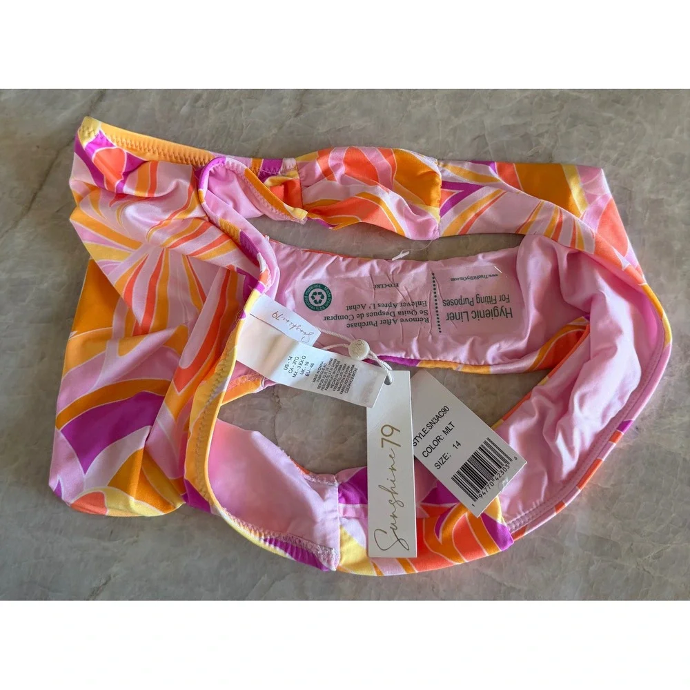 NWT Sunshine 79 Retro Swirl Side Shirred Hipster Bikini Bottom Pink Orange Sz 14